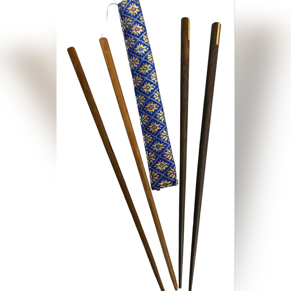hand-carved wooden chopsticks with decorative blue silk cover 2 pair